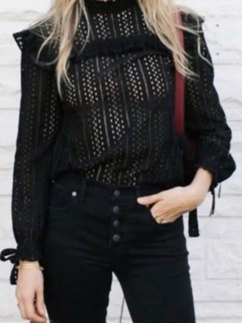 Madewell eyelet peasant ruffle top in black XXS